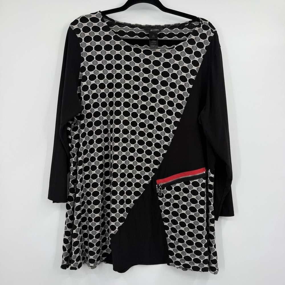 Ali Miles Tunic Top Womens 1X Black Polka Dot Long Sleeve Zipper Pockets Art
